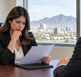 Employee reviewing a performance evaluation during a professional workplace meeting in El Paso, Texas.