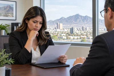 Employee reviewing a performance evaluation during a professional workplace meeting in El Paso, Texas.
