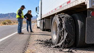 A commercial truck with a blown rear tire is stopped along an El Paso highway while two adults assess the scene.
