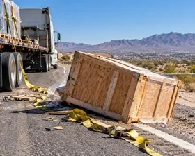 A large cargo crate has fallen beside a truck on an El Paso road.