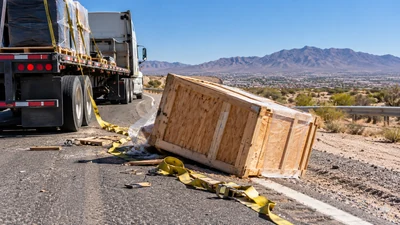 A large cargo crate has fallen beside a truck on an El Paso road.