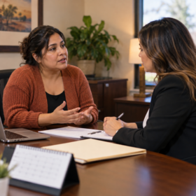 Employee discussing family medical leave paperwork with an adviser