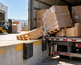 Palés y cajas inestables se desplazan en un muelle de carga.