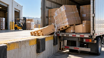 Palés y cajas inestables se desplazan en un muelle de carga.