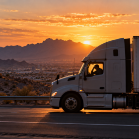 Commercial truck driver on an El Paso roadway at sunset with mountains in the distance