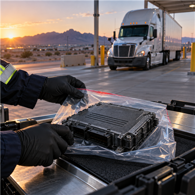 Gloved technician preserves a commercial truck electronic data module near a parked tractor-trailer at sunrise.