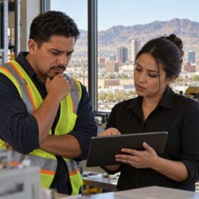 A Mexican American employee discusses reduced work hours and workplace discrimination concerns with an attorney in an El Paso office.