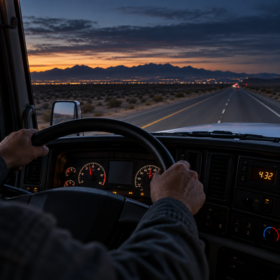 Conductor de camión en una carretera de El Paso antes del amanecer visto desde la cabina