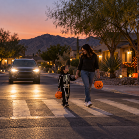 Pedestrian and child crossing a neighborhood street at dusk as a car stops nearby