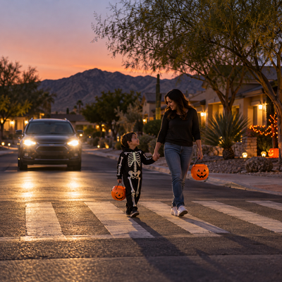 Pedestrian and child crossing a neighborhood street at dusk as a car stops nearby