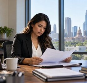An employee reviews documents at a desk while considering an EEOC complaint.