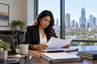 An employee reviews documents at a desk while considering an EEOC complaint.